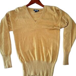 Vintage RARE 80's Bill Haire Yellow  100% Cashmere V Neck Sweater Women's Size M